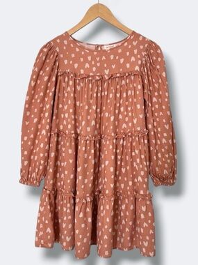 Cat & Jack Tiered Dress Girls 10-12 Burnt Orange Heart Print Long Sleeve Casual